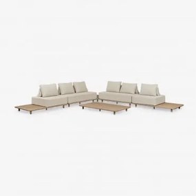 Conjunto De Sala De Estar Com Sofá De Canto Modular De 4 Peças Com Mesa Lateral E Mesa De Centro, 160 X 95 Cm, Em Acácia Portet. Gardénia Branco -