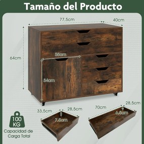 Armário de armazenamento para escritório 77,5 x 40 x 64 cm com 5 gavetas com porta 5 rodas com rodas suporte para impressora Castanho