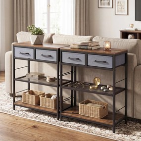 Mesa de Consola, 60 x 30 x 81 cm, 2 Gavetas e 2 Prateleiras, Preto+Cinza