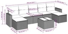 8 pcs conj. sofás jardim c/ almofadões vime PE cinzento-claro