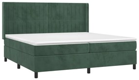 Cama box spring c/ colchão/LED 200x200 cm veludo verde-escuro