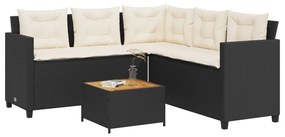 vidaXL Sofá de jardim em forma de L c/ mesa e almofadões vime PE preto