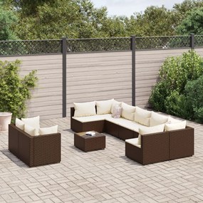 vidaXL 10 pcs conj. sofás jardim com almofadões vime PE castanho