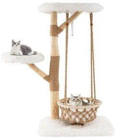 Torre moderna para gatinhos com balanço suspenso, arranhador, plataformas acolchoadas, árvore de madeira fofa para gatos, branca