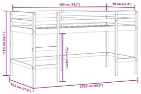 Cama alta p/ criança c/ escada 90x200 cm pinho maciço preto