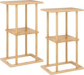 Conjunto de 2 mesas laterais retangulares de bambu 40 x 28 x 65 cm com prateleiras de arrumação para canto de sala de estar ou quarto Natural