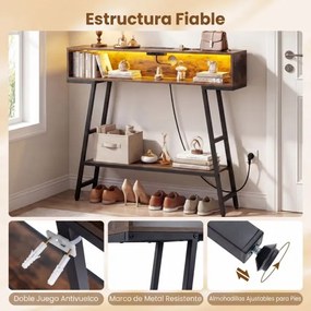 Mesa consola com luz LED e base de carregamento 100 x 20 x 86,5 cm, 3 níveis, com compartimento e prateleira, para corredor, entrada ou sala de estar,