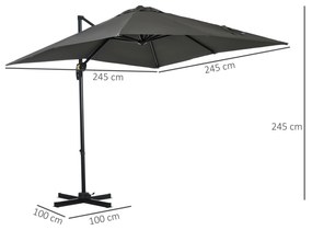 Chapéu de Sol de Jardim 245x245x245 cm Chapéu de Sol Excêntrico com Rotação 360° Inclinação de 5 Níveis com Manivela e Ventilação para Pátio Terraço C