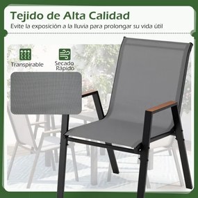 Conjunto de 2 cadeiras de jardim empilháveis, com encosto alto e braços, ergonómicas, em metal e tecido respirável, para terraço ou pátio, cinza