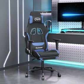 Cadeira de gaming com apoio de pés tecido preto e azul