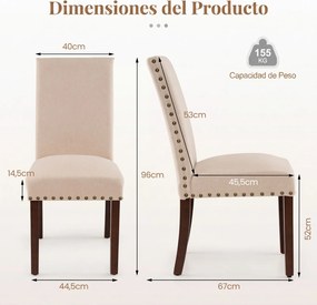 Conjunto de 2 Cadeiras de Jantar Estofadas, 44,5 x 67 x 96 cm, Assento Acolchoado, Bege