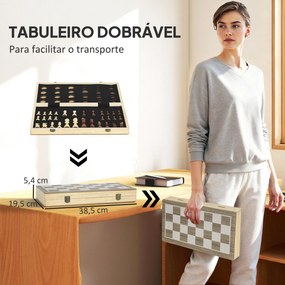 Jogo de Xadrez e Damas em Madeira com Tabuleiro Dobrável Peças de Pinho e Compartimentos de Armazenamento 38,5x38,5x2,8 cm Madeira e Branco