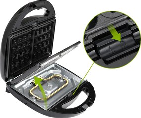 Grelhador de contacto 3 em 1 de 800 W, 23 x 22 x 10 cm Preto + Prateado