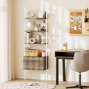 Estante de parede forma de escada com 2 gavetas com estrutura metálica Estante aberta de exposição 60 x 30 x 184 cm Branca
