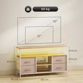 Móvel de TV com Luz LED Tomadas Portas USB 4 Gavetas de Tecido para Televisão até 50 Polegadas 120x30x67,5 cm Bege e Madeira