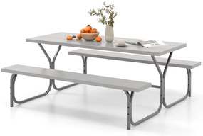 Conjunto de mesa de piquenique dobrável com estrutura de metal e tampo de HDPE para todas as condições climáticas, furo para guarda-chuva - cinza
