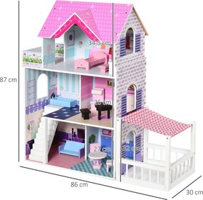 Casa de bonecas 3 andares com Pátio Mobília acessórios Madeira 86x30x8