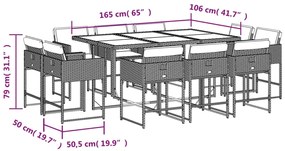 11 pcs conjunto de jantar p/ jardim c/ almofadões vime PE preto