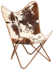 Cadeira borboleta em couro de cabra genuíno castanho e branco