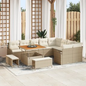Conjunto de Sofá de Jardim vidaXL com 12 Peças com Almofadas Bege Rattan Poliéster Acácia