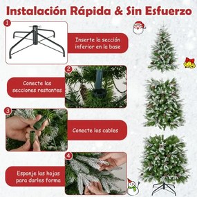 Árvore de Natal estreita pré-iluminada de 225 cm com 350 luzes LED Neve simulada 913 ramos articulados 75 pinhas Verde+Branco