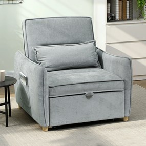 Poltrona convertível de 1 lugar 3 em 1, poltrona-cama clic-clac em tecido chenille, assento largo e encosto ajustável, 88x84x87 cm, cinzento