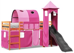 Cama alta para criança com torre 90x200 cm pinho maciço rosa