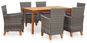 7 pcs conjunto jantar vime PE madeira acácia maciça cinzento