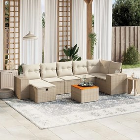 8 pcs conjunto de sofás p/ jardim com almofadões vime PE bege