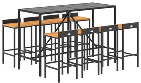9 pcs conjunto de bar p/ jardim vime PE/acácia maciça preto