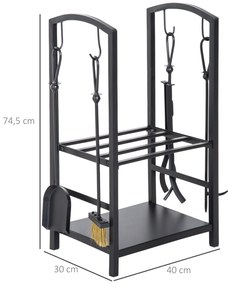 Suporte para Lenha de 2 Níveis Porta Lenha Exterior e Interior Metálico com 4 Ferramentas para Lareira Carga Máx. 100kg 40x30x74,5cm Preto