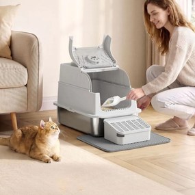 Caixa de areia para gatos 61 x 41 x 46 cm em aço inoxidável cinzento prateado, com tampa e acessórios cinzento prateado