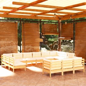 vidaXL 13 pcs conjunto lounge jardim c/ almofadões cor creme pinho