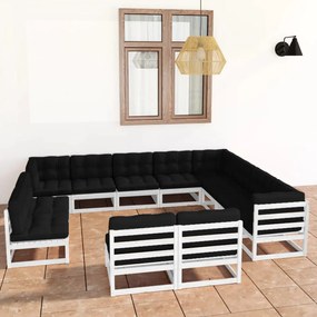 vidaXL 12 pcs conj. lounge de jardim c/ almofadões pinho maciço branco