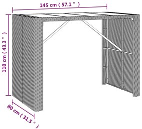 Mesa de bar com tampo de vidro 145x80x110 cm vime PE cinzento