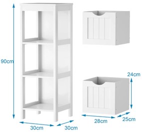 Armário de Casa de Banho com 2 gavetas removíveis, prateleira lateral estreita, móveis para sala de estar, quarto, 30 x 30 x 90 cm, branco