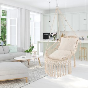 Cadeira suspensa jardim 101 x 69 cm com franjas 2 almofadas macias para o assento Corda e corrente Capacidade de carga 150 kg Bege