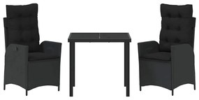 Conjunto de Jantar para Jardim com 3 Peças e Almofadas - Preto, Rattan