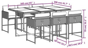 7 pcs conjunto de jantar p/ jardim c/ almofadões vime PE cinza