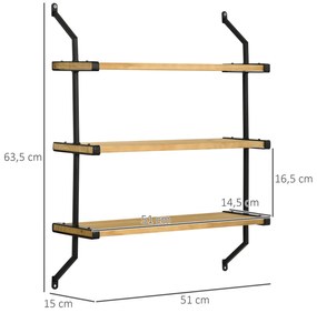 Estante de Parede de 3 Níveis Estante Flutuante de Madeira para Sala de Estar Dormitório Cozinha Sala de Jantar Carga Máxima 15kg 51x15x63,5cm Madeira