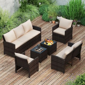 Conjunto de 6 Peças de Mobiliário de Jardim, 2 Sofás, 2 Poltronas e 2 Apoios de Pés, Almofadas Removíveis, Castanho e Bege