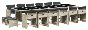 17 pcs conj. jantar jardim c/ almofadões vime PE cinzento-claro