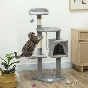 Arranhador para gatos com vários acessórios: arranhadores, plataformas, compartimentos abertos, corda e brinquedos – 40 x 40 x 114 cm – cinzenta