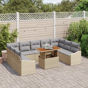 Conjunto de Sofá para Jardim de 10 Peças com Almofadas Bege Rattan PE