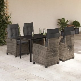 5 pcs conjunto de jantar p/ jardim c/ almofadões vime PE cinza