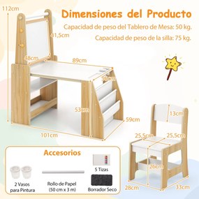 Conjunto de mesa e cadeira para crianças com 2 quadros, rolo de papel, copos para tinta, cavalete e cadeira multifuncional cor natural e branca