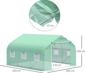 Estufa tipo túnel para jardim, 10,5 m², dimensões: 3,5 m (L) x 3 m (C) x 2 m (A), porta + 6 janelas enroláveis, aço galvanizado, lona de PE de alta de