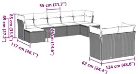 9 pcs conj. sofás jardim com almofadões vime PE cinzento-claro