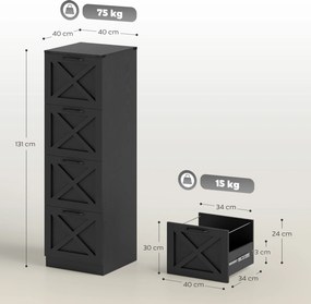 Bloco gavetas de Arquivo, 40 x 40 x 131 cm, 4 Gavetas para Dossiers Suspensos, Preto