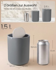 Caixote do lixo de mesa escritório 11,6 x 11,6 x 15,8 cm em aço inoxidável, 1,5 L, com tampa basculante cinzento